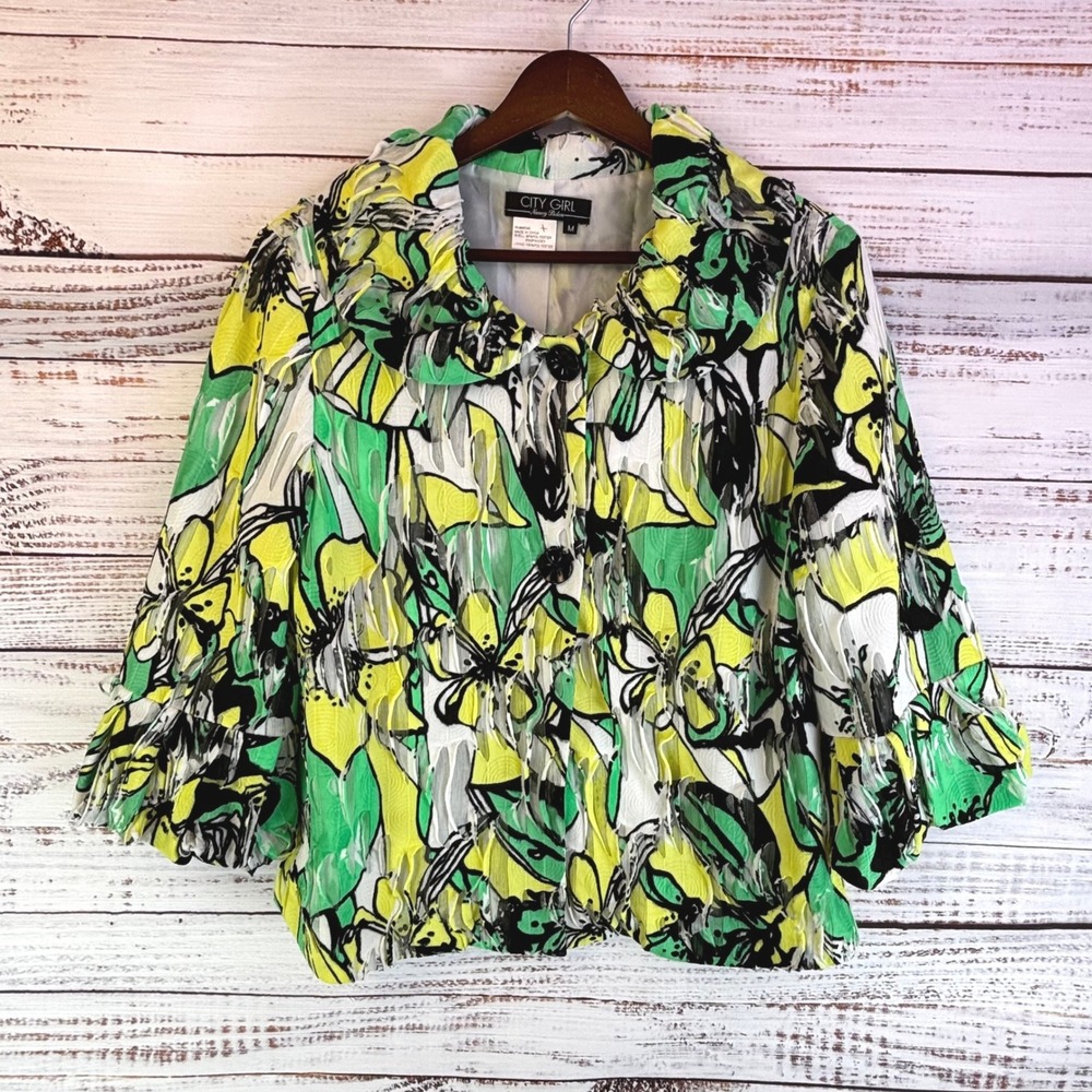 Vintage Jacket M Green Yellow Floral Burnout Ruffle Fairy Ethereal Y2K Mori Kei